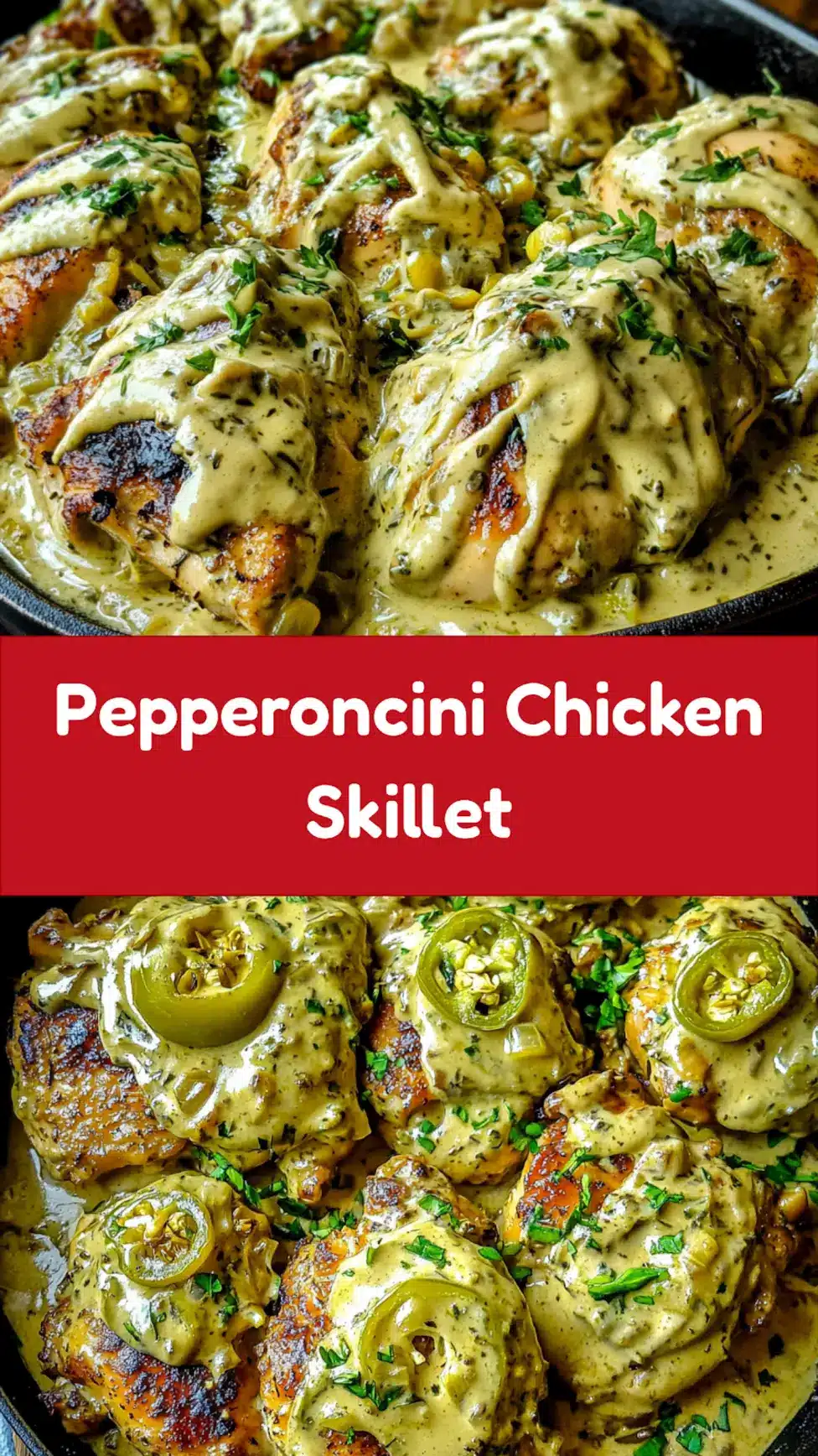 Creamy Pepperoncini Chicken Skillet Easy Weeknight Dinner 7 CREAMY PEPPERONCINI CHICKEN SKILLET centered hero view, clean and uncluttered_pin