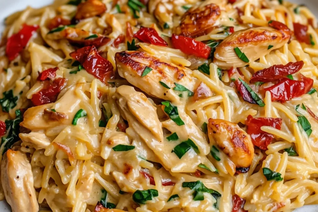 CREAMY TUSCAN CHICKEN ORZO centered hero view, clean and uncluttered