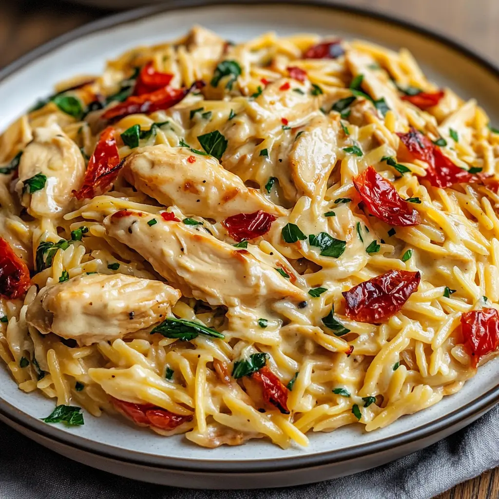 Creamy Tuscan Chicken Orzo Easy Weeknight Dinner 6 Creamy Tuscan Chicken Orzo in a skillet, centered hero view, clean and uncluttered