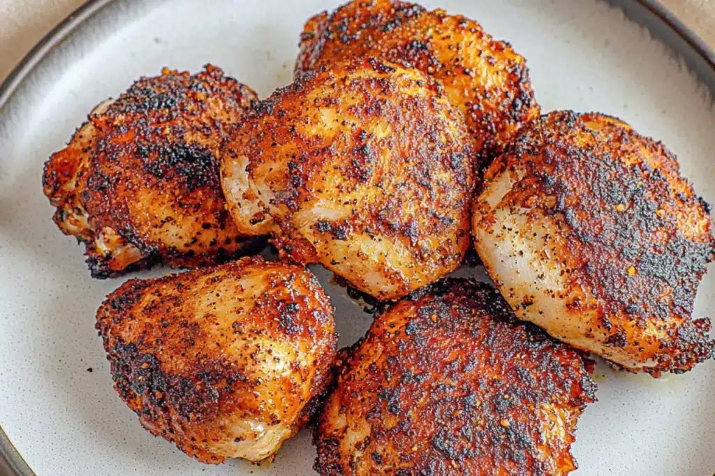 CRISPY AIR FRYER CHICKEN THIGHS centered hero view, clean and uncluttered