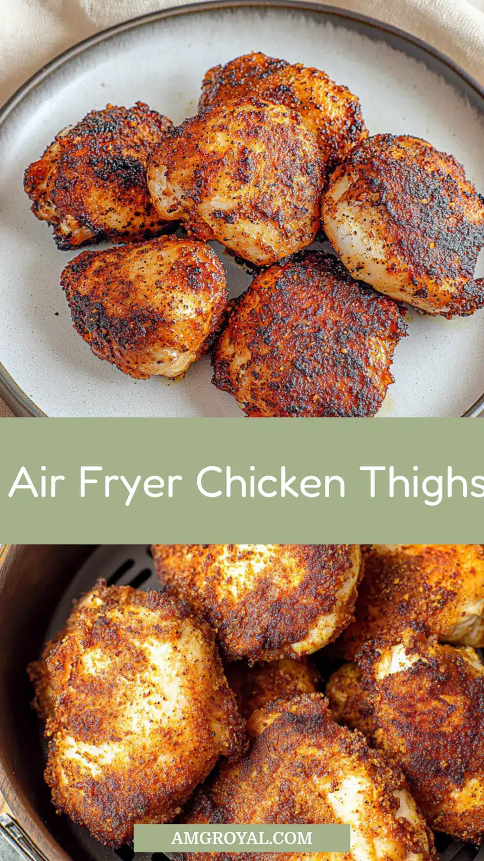 Crispy air fryer chicken thighs Pinterest pin with text overlay