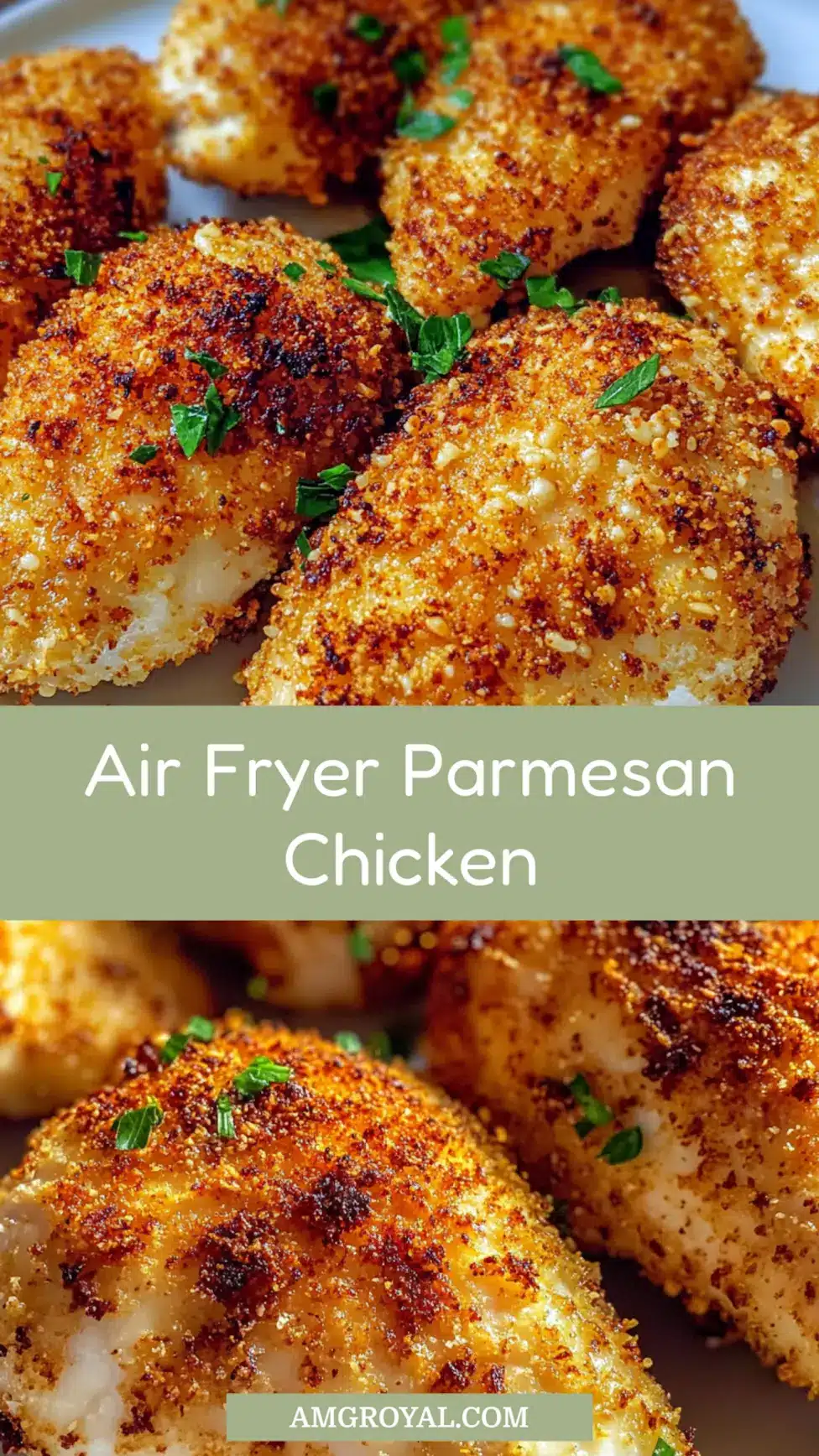 Crispy Air Fryer Parmesan Chicken pin image with golden breaded chicken