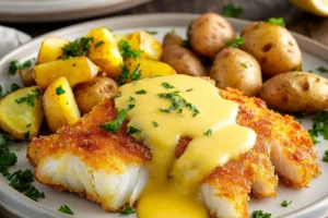 Crispy Battered Cod with Lemon Butter Sauce Easy Weeknight Dinner CRISPY BATTERED COD WITH LEMON BUTTER SAUCE AND ROASTED POTATOES centered hero view, clean and uncluttered