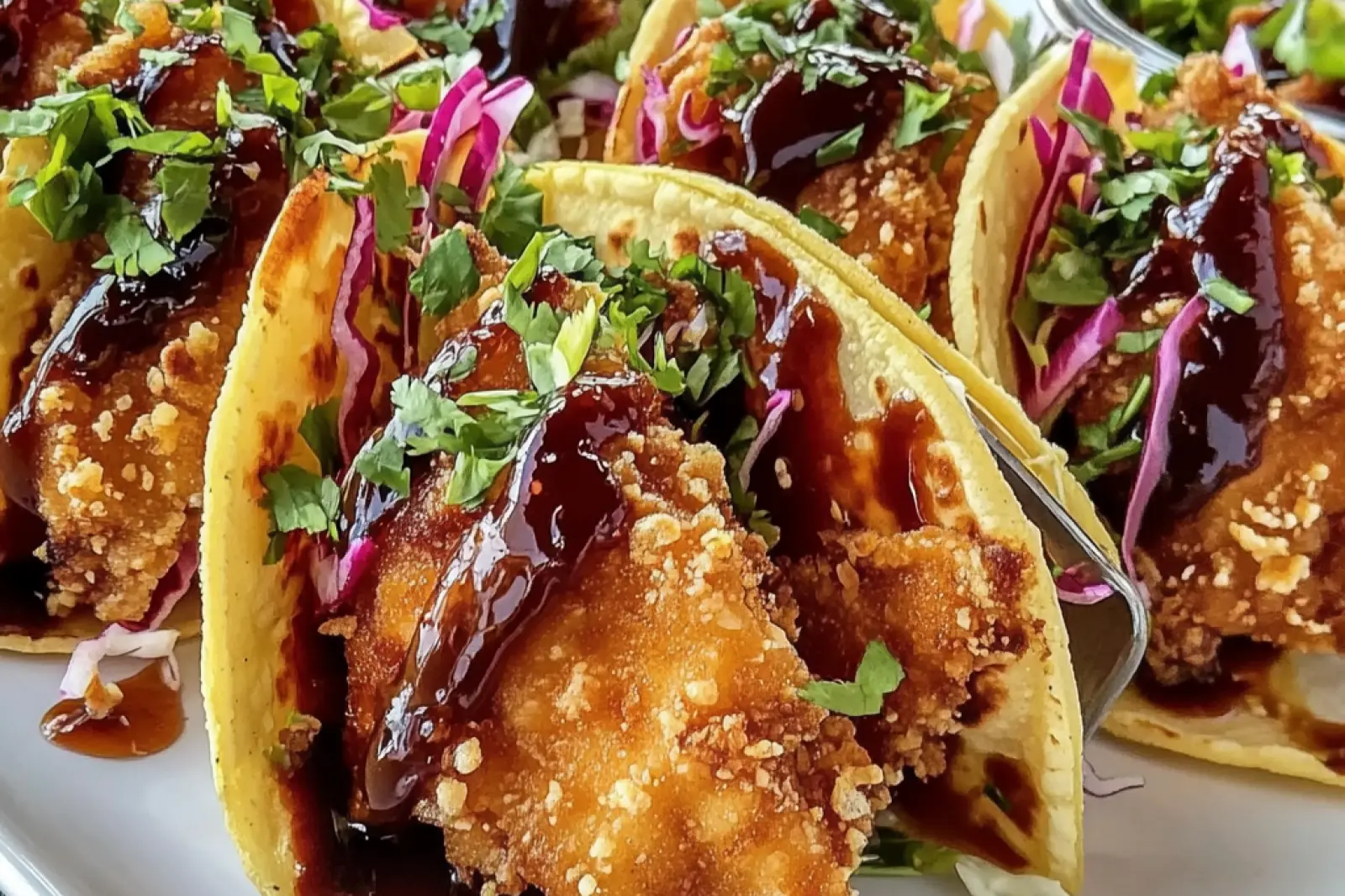 CRISPY CHICKEN WONTON TACOS centered hero view, clean and uncluttered