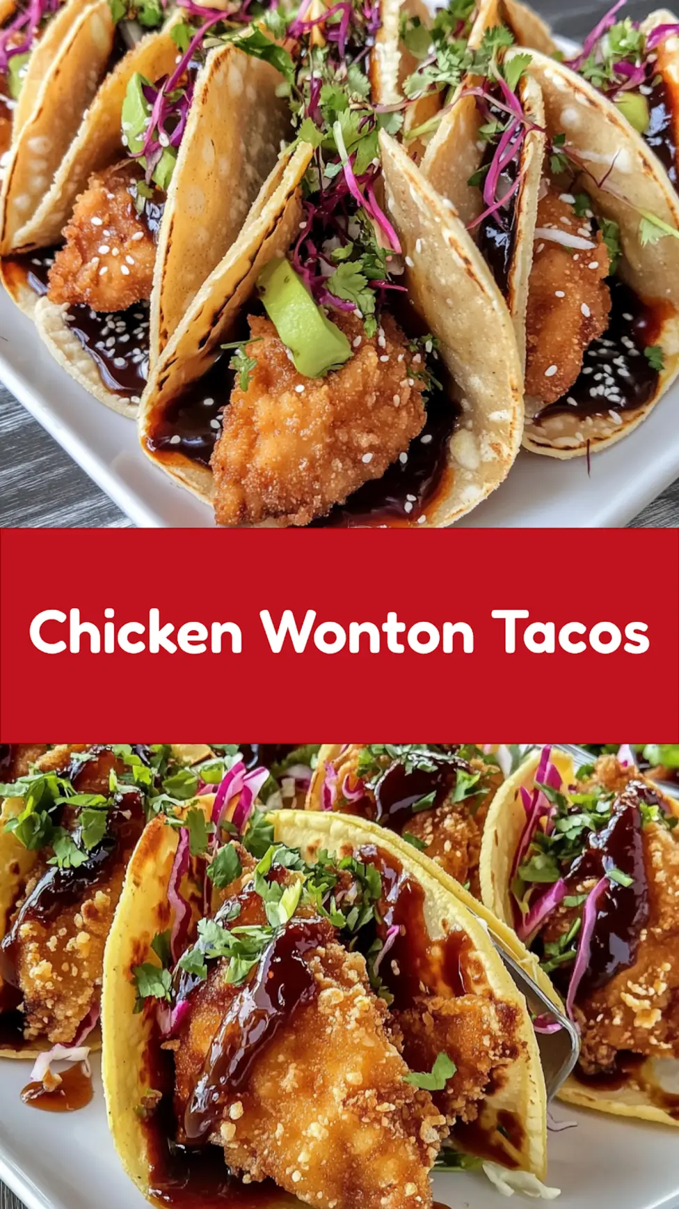 CRISPY CHICKEN WONTON TACOS centered hero view, clean and uncluttered