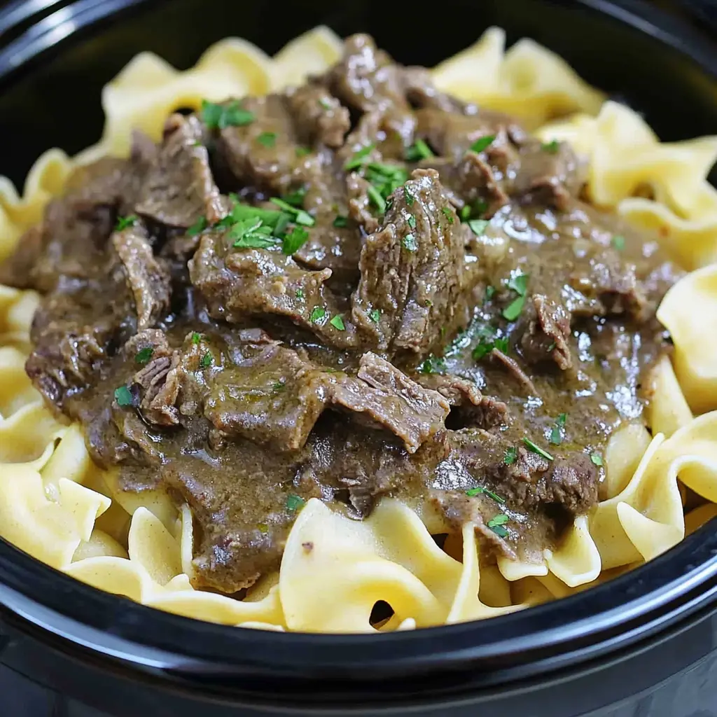 CROCK POT BEEF AND NOODLES centered hero view, clean and uncluttered