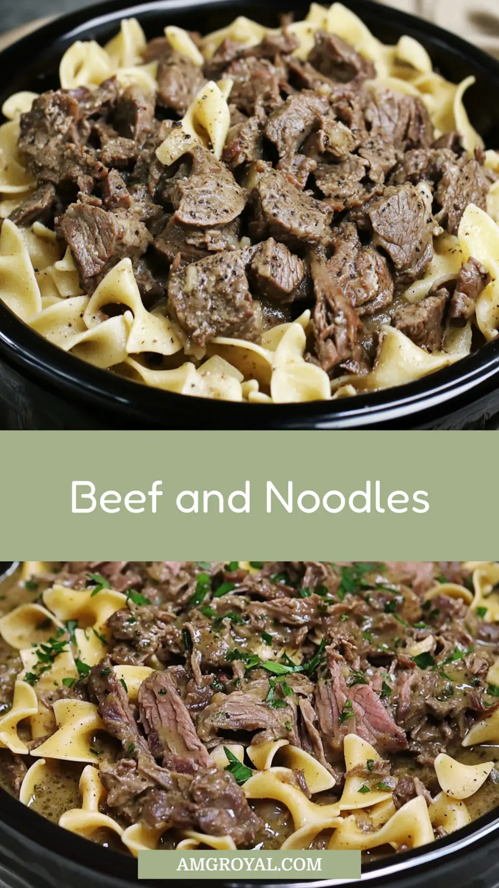 CROCK POT BEEF AND NOODLES centered hero view, clean and uncluttered