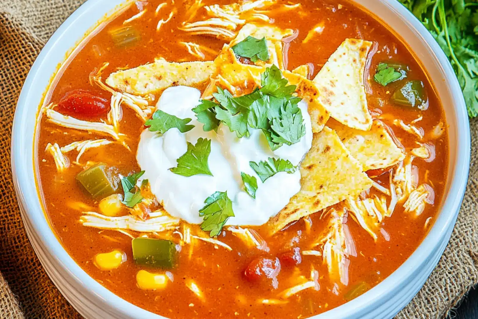 CROCK POT CHICKEN TORTILLA SOUP centered hero view, clean and uncluttered