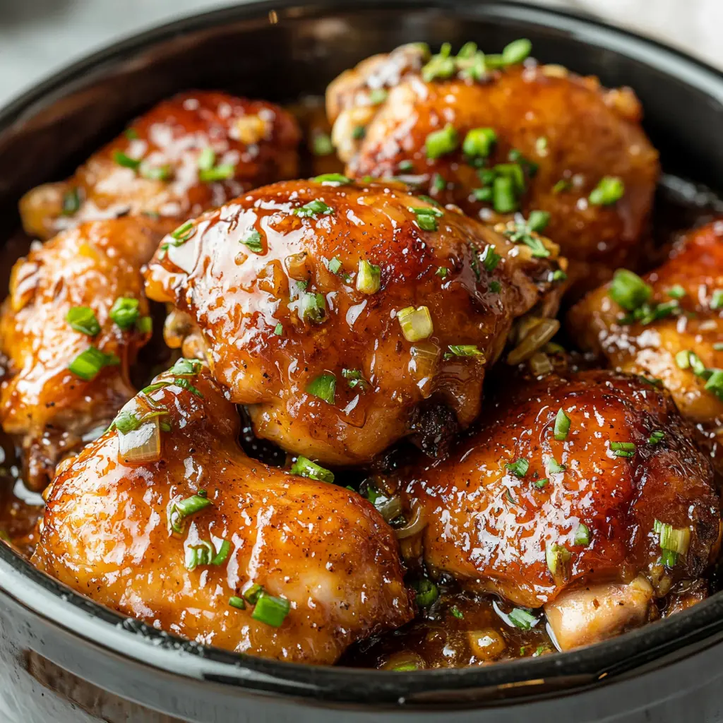 Crock pot honey garlic chicken centered hero view, clean and uncluttered