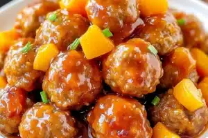 CROCK POT SWEET AND SOUR MEATBALLS centered hero view, clean and uncluttered