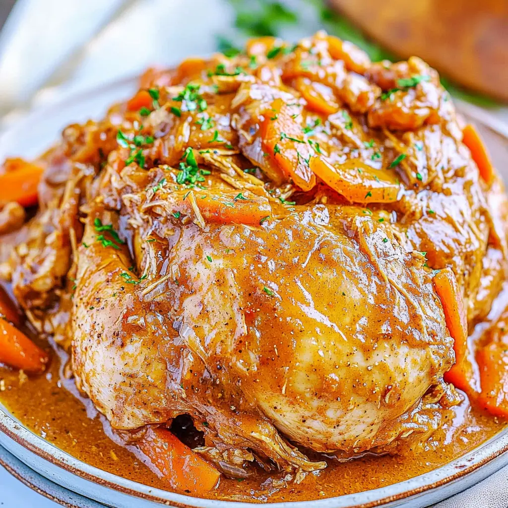 Crockpot chicken pot roast with tender chicken thighs and vegetables in savory gravy