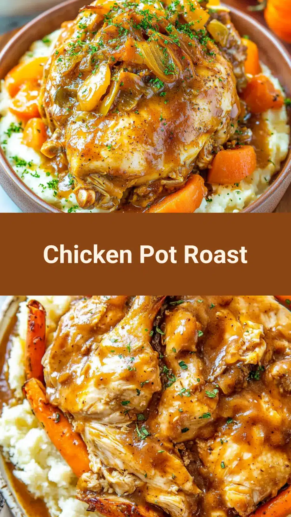 Crockpot chicken pot roast pin with tender chicken and vegetables in rich gravy
