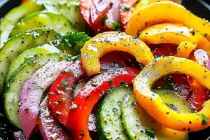 Cucumber Sweet Pepper Salad Easy Fresh Dinner CUCUMBER SWEET PEPPER SALAD centered hero view, clean and uncluttered