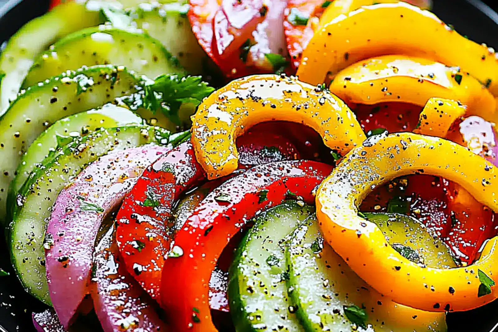 CUCUMBER SWEET PEPPER SALAD centered hero view, clean and uncluttered