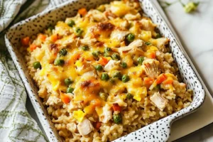 DUMP AND BAKE CHICKEN RICE CASSEROLE centered hero view, clean and uncluttered