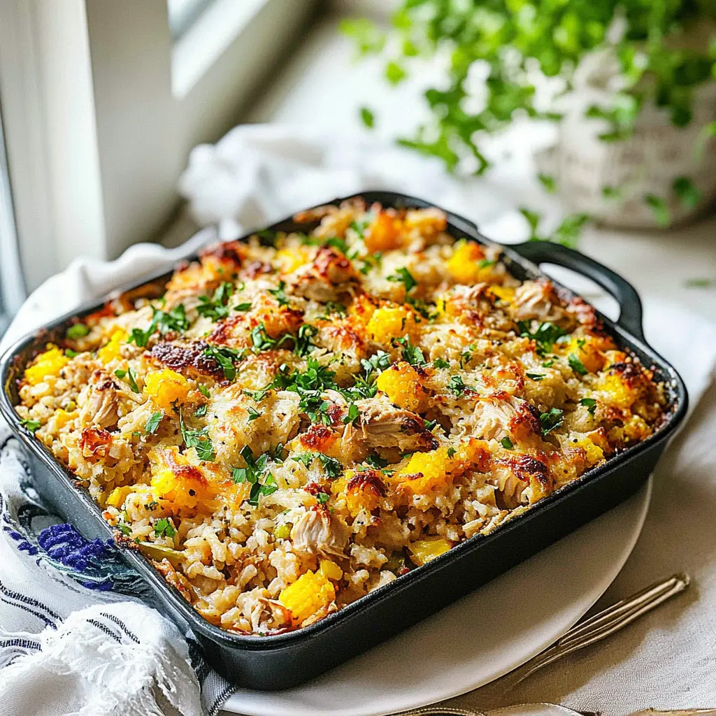 Dump and Bake Chicken Rice Casserole centered hero view, clean and uncluttered