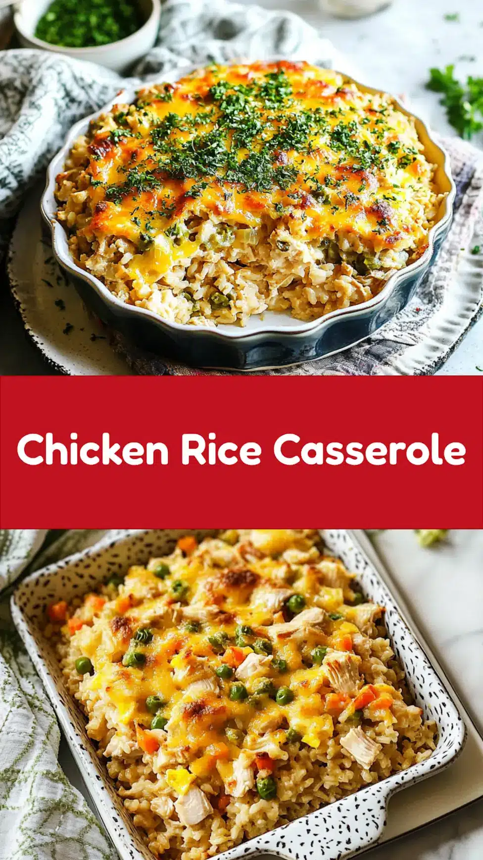 Dump and Bake Chicken Rice Casserole centered hero view, clean and uncluttered