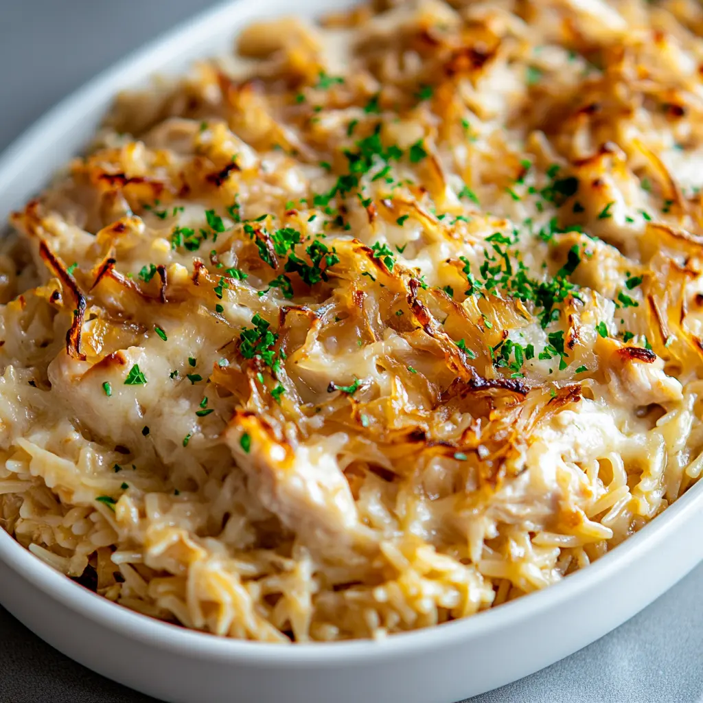 French Onion Chicken Orzo Casserole Easy Weeknight Dinner 6 French Onion Chicken Orzo Casserole centered hero view, clean and uncluttered