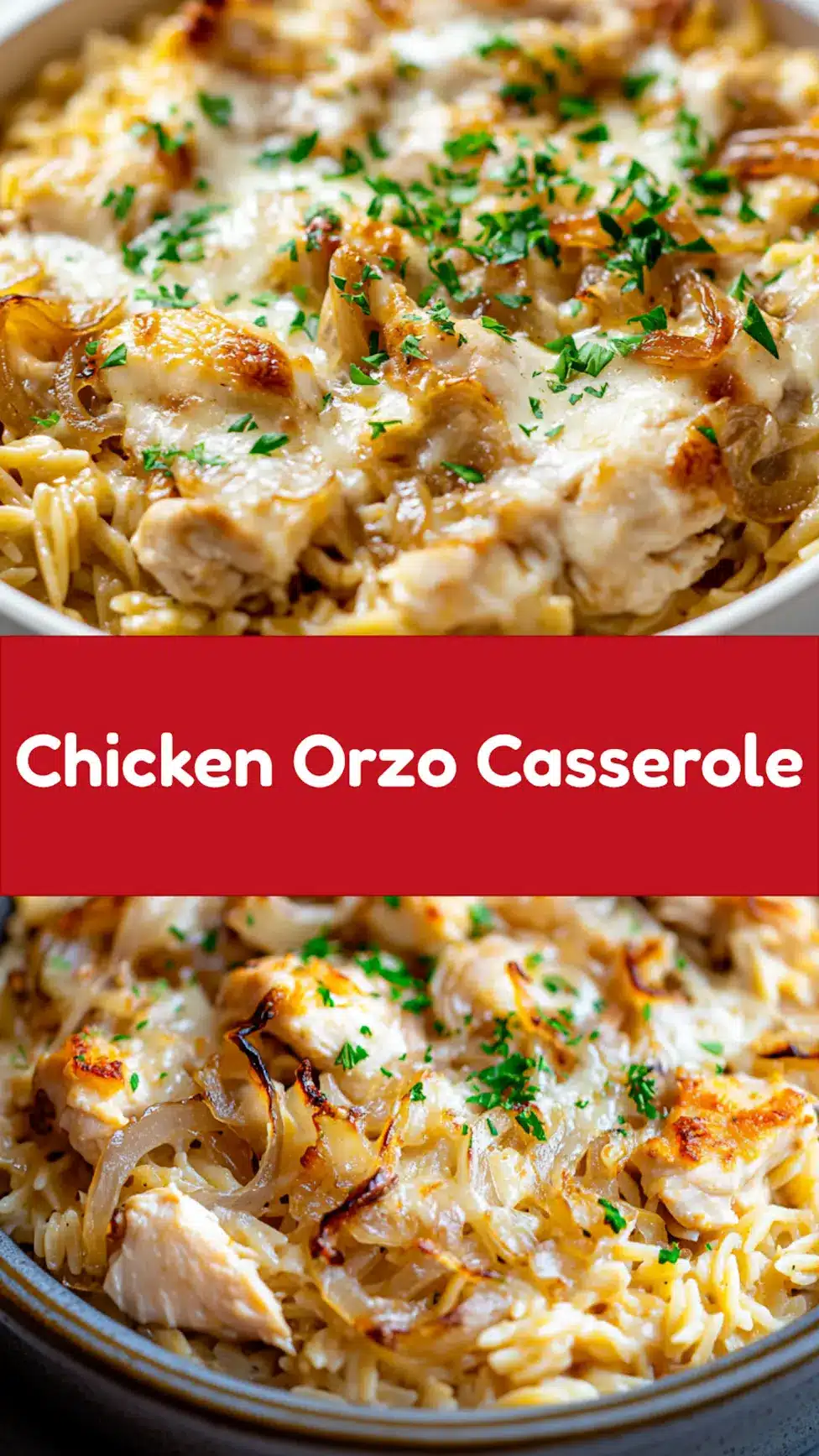 French Onion Chicken Orzo Casserole Easy Weeknight Dinner 7 French Onion Chicken Orzo Casserole centered hero view, clean and uncluttered pin
