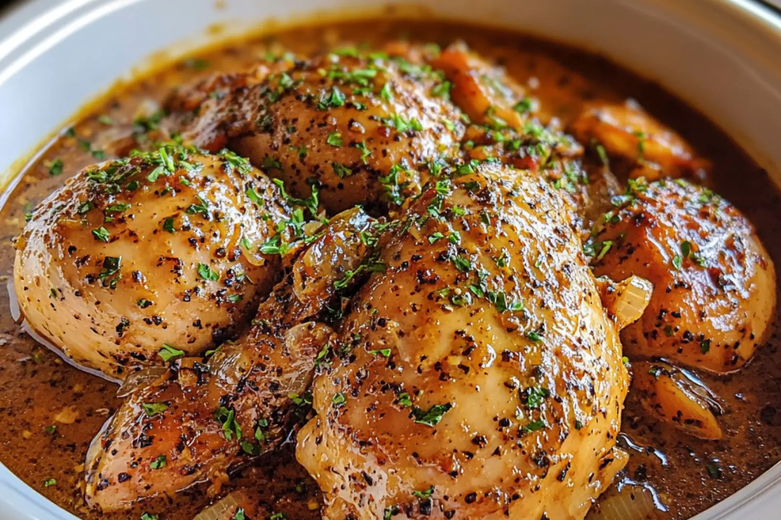 GARLIC BUTTER CHICKEN CROCKPOT centered hero view, clean and uncluttered