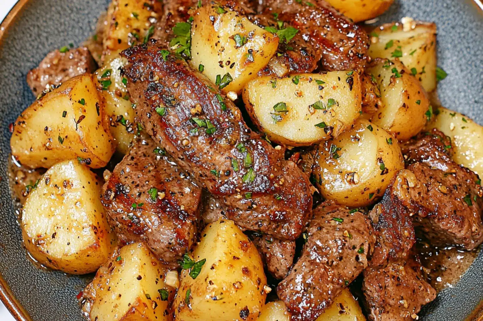 GARLIC BUTTER STEAK AND POTATOES centered hero view, clean and uncluttered