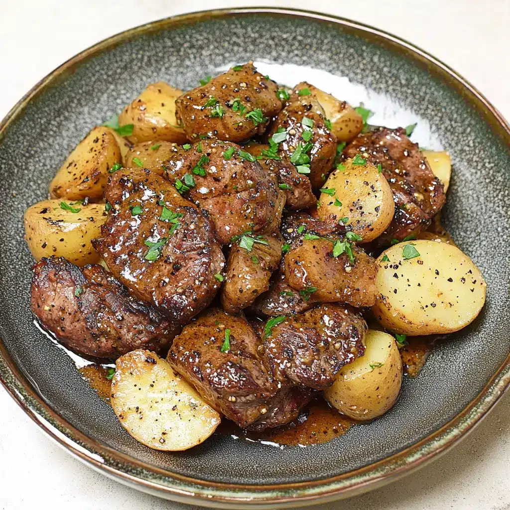 GARLIC BUTTER STEAK AND POTATOES centered hero view, clean and uncluttered