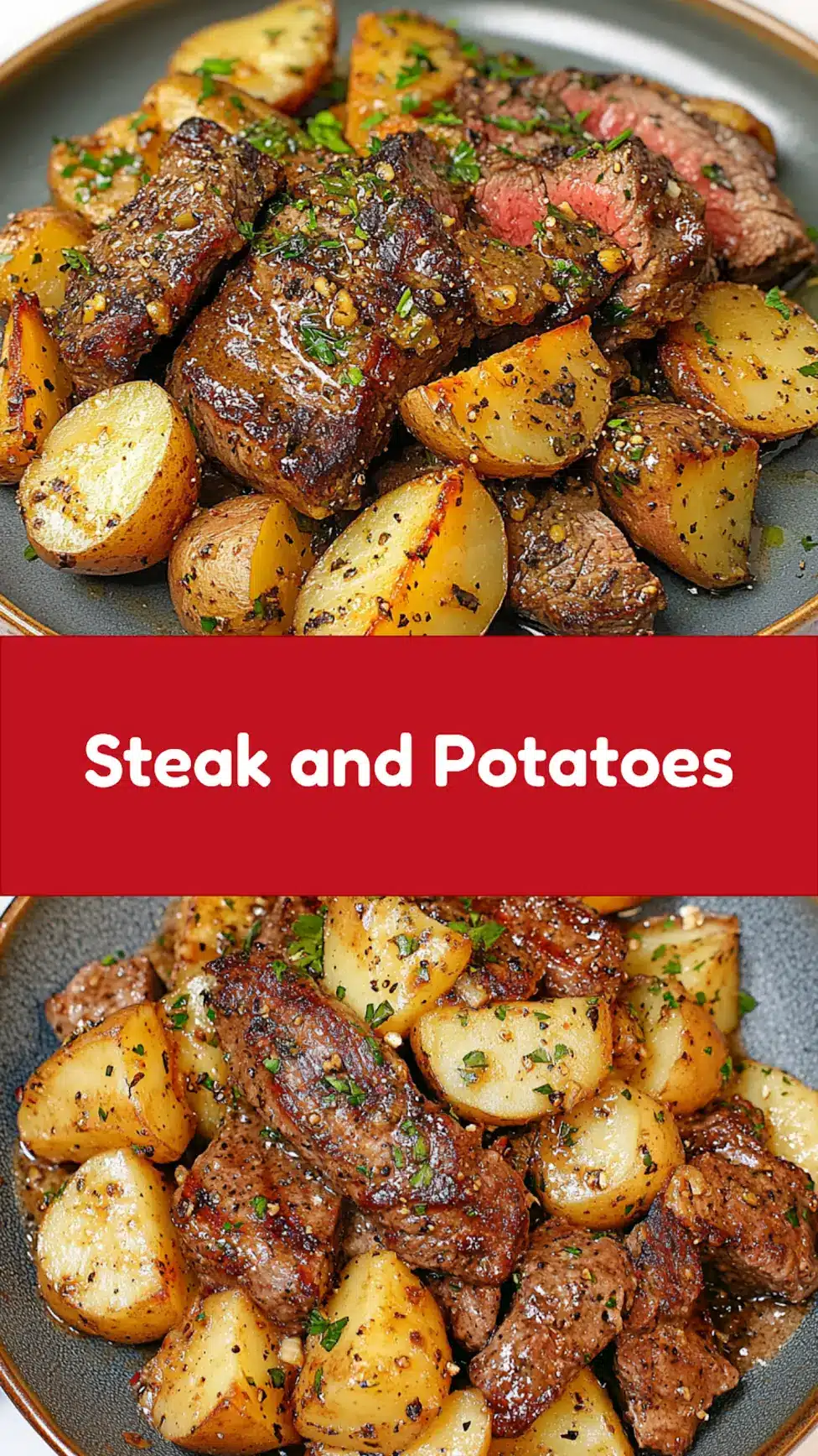 GARLIC BUTTER STEAK AND POTATOES centered hero view, clean and uncluttered