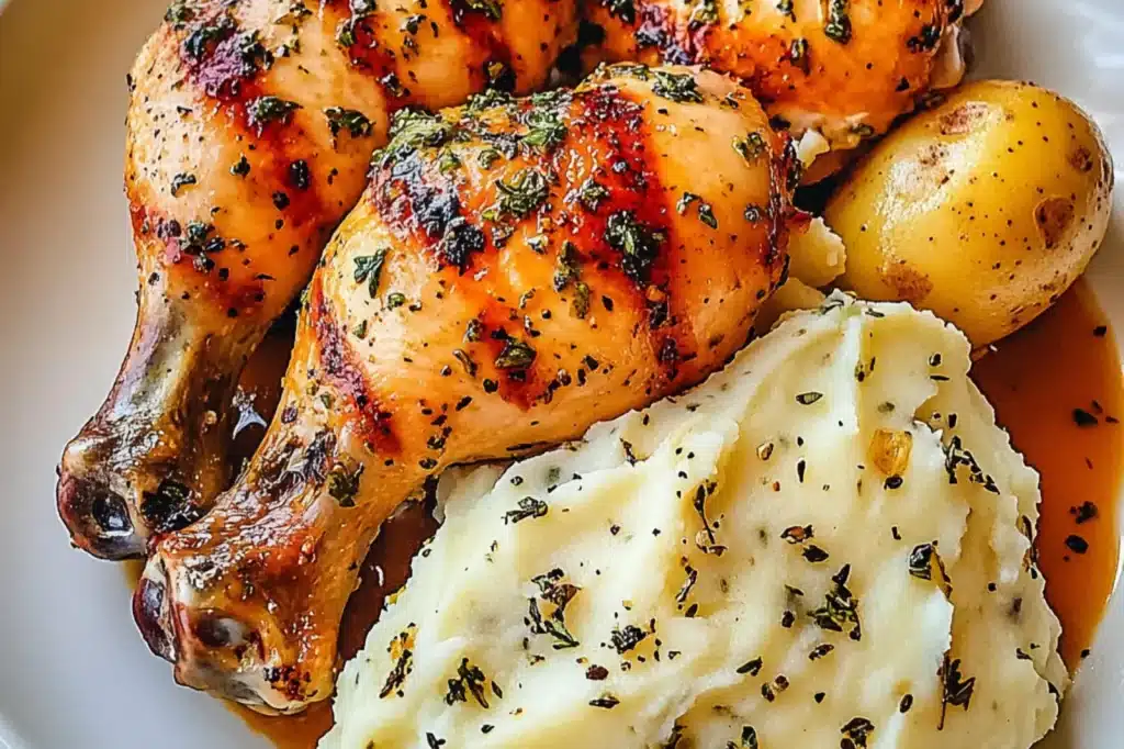 GARLIC HERB CHICKEN WITH MASHED POTATOES centered hero view, clean and uncluttered