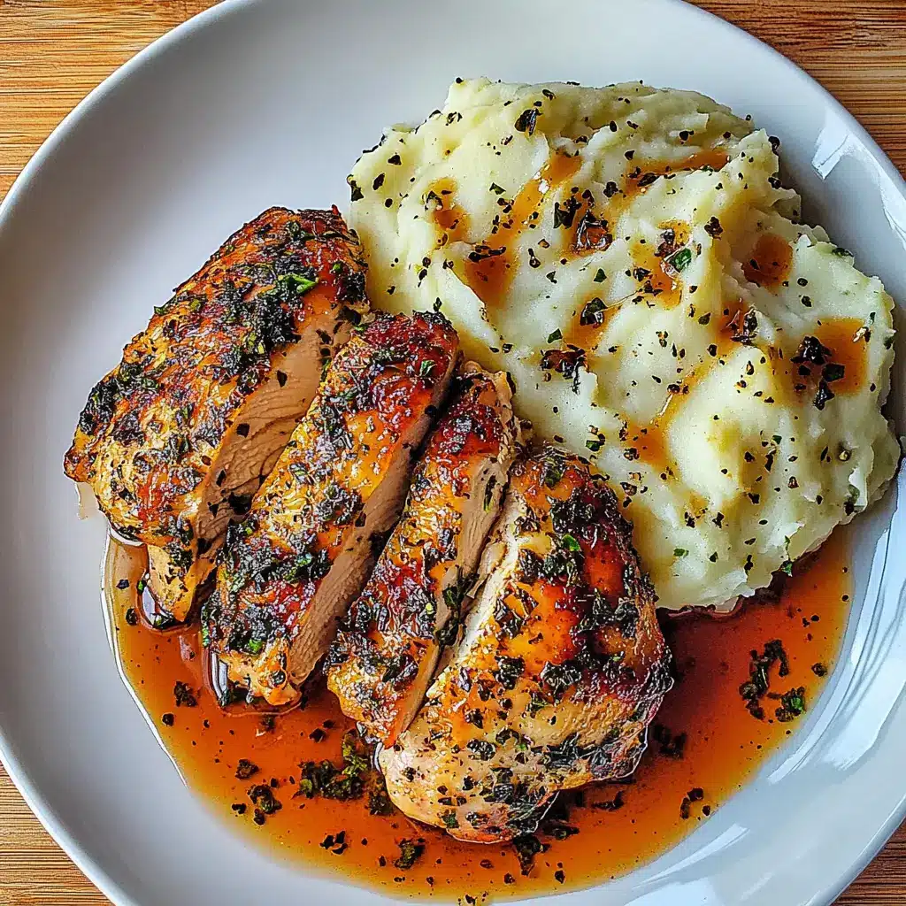 Garlic Herb Chicken with Mashed Potatoes on a white plate with golden chicken, creamy potatoes, and glazed carrots