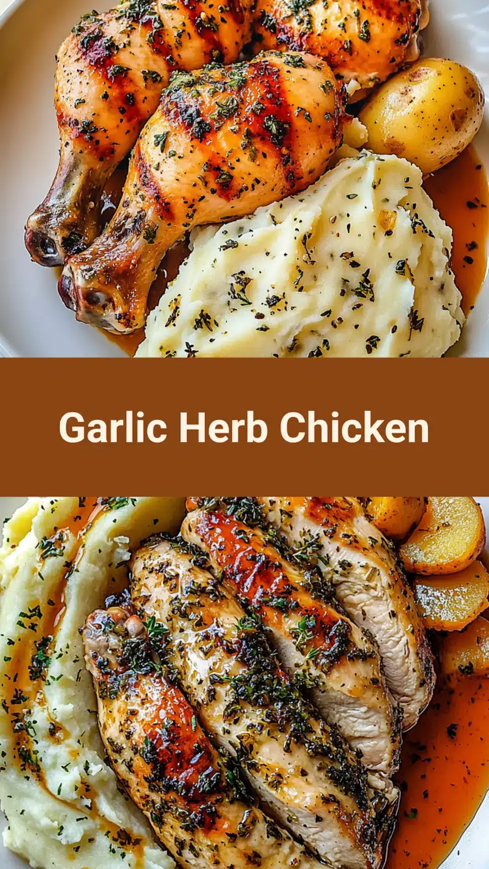Garlic Herb Chicken with Mashed Potatoes Pinterest pin featuring plated dinner with golden chicken and creamy sides
