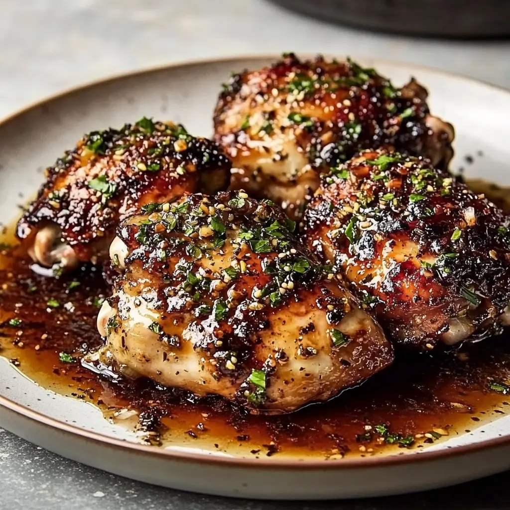 Garlic herb chicken with mashed potatoes and balsamic glaze on a white plate