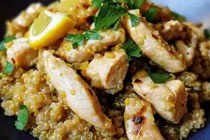 Garlic Lemon Chicken Quinoa Easy Weeknight Dinner GARLIC LEMON CHICKEN QUINOA centered hero view, clean and uncluttered