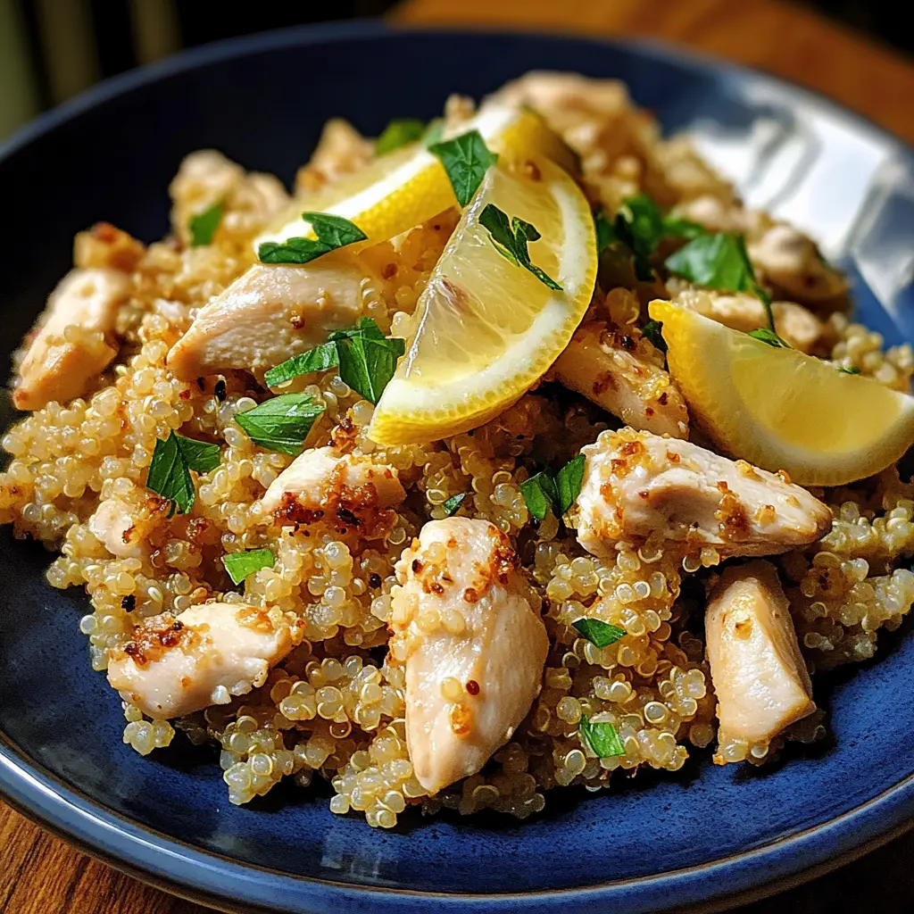 Garlic Lemon Chicken Quinoa Easy Weeknight Dinner 6 GARLIC LEMON CHICKEN QUINOA centered hero view, clean and uncluttered