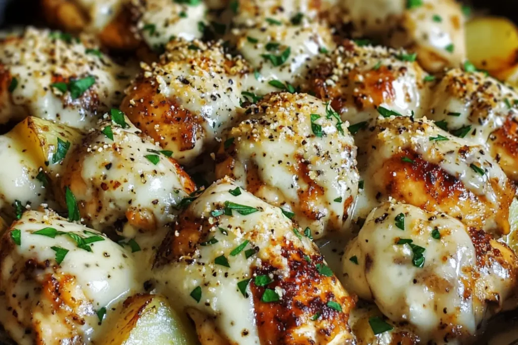 GARLIC PARMESAN CHICKEN AND POTATOES SKILLET centered hero view, clean and uncluttered