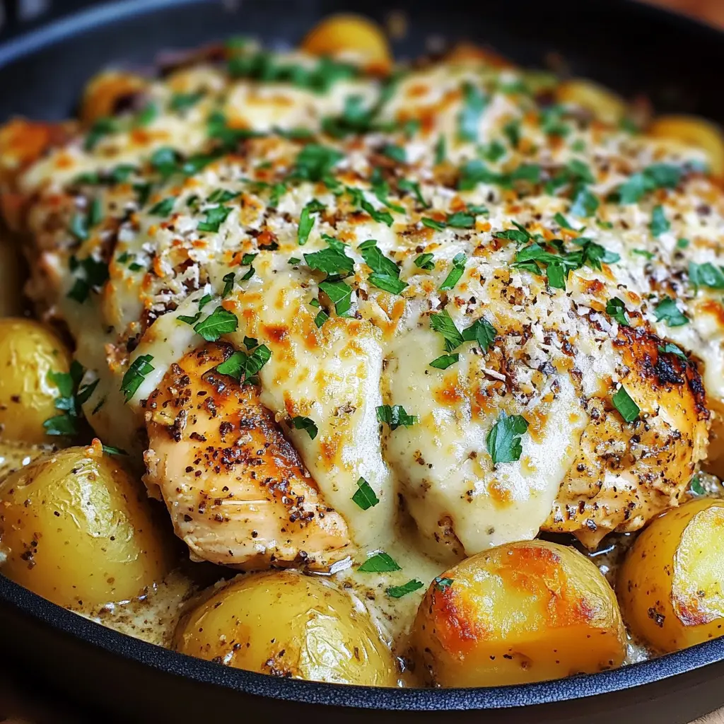 Garlic Parmesan Chicken and Potatoes Skillet centered hero view, clean and uncluttered