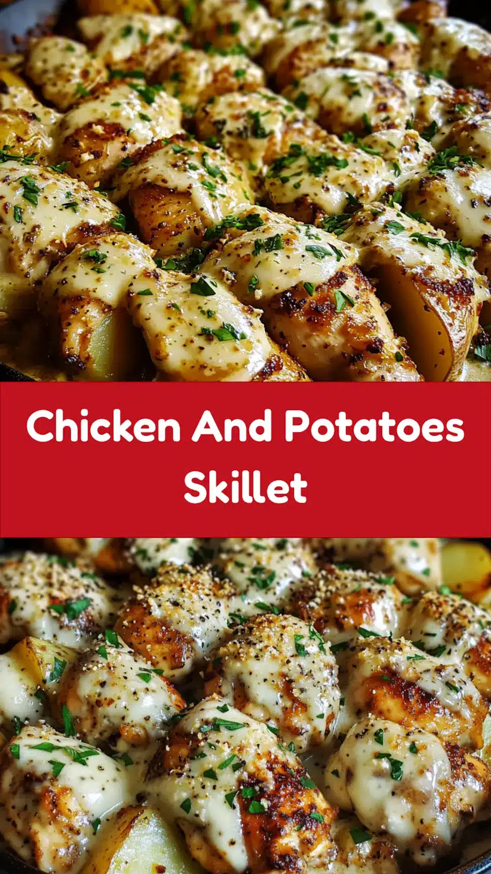 Garlic Parmesan Chicken and Potatoes Skillet centered hero view, clean and uncluttered pin