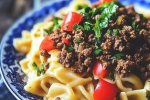 GROUND BEEF TURKISH PASTA recipe, served and ready to eat, easy homemade dinner