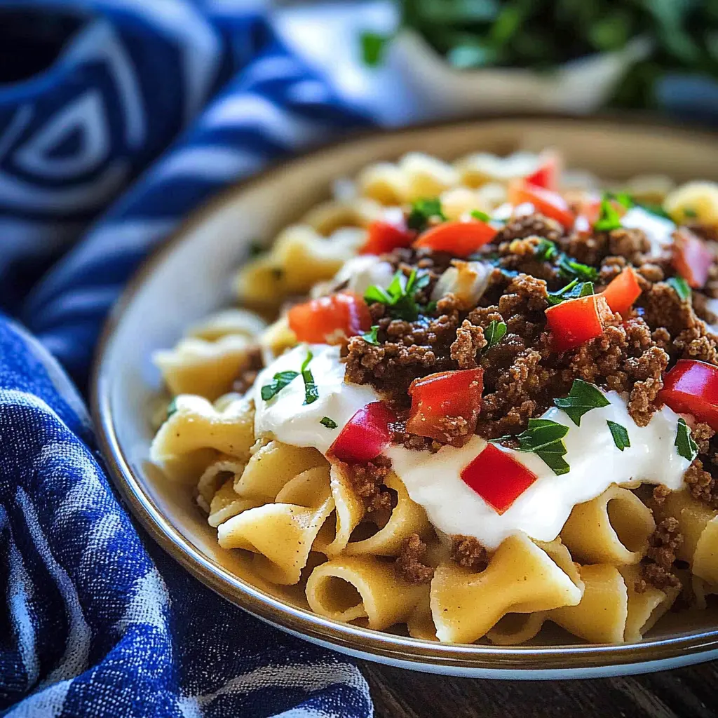 GROUND BEEF TURKISH PASTA recipe, served and ready to eat, easy homemade dinner