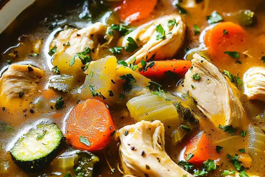HEARTY CHICKEN VEGGIE SOUP centered hero view, clean and uncluttered