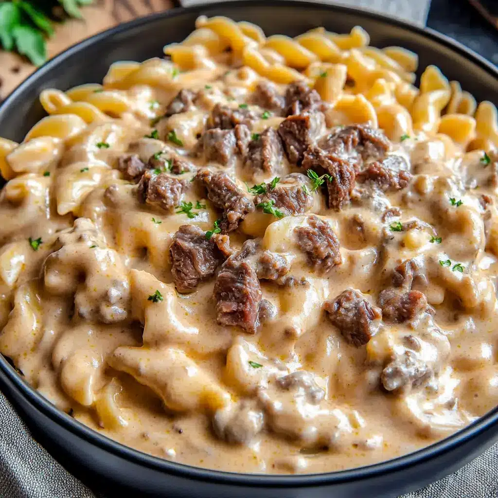 HIGH PROTEIN CREAMY BEEF PASTA centered hero view, clean and uncluttered