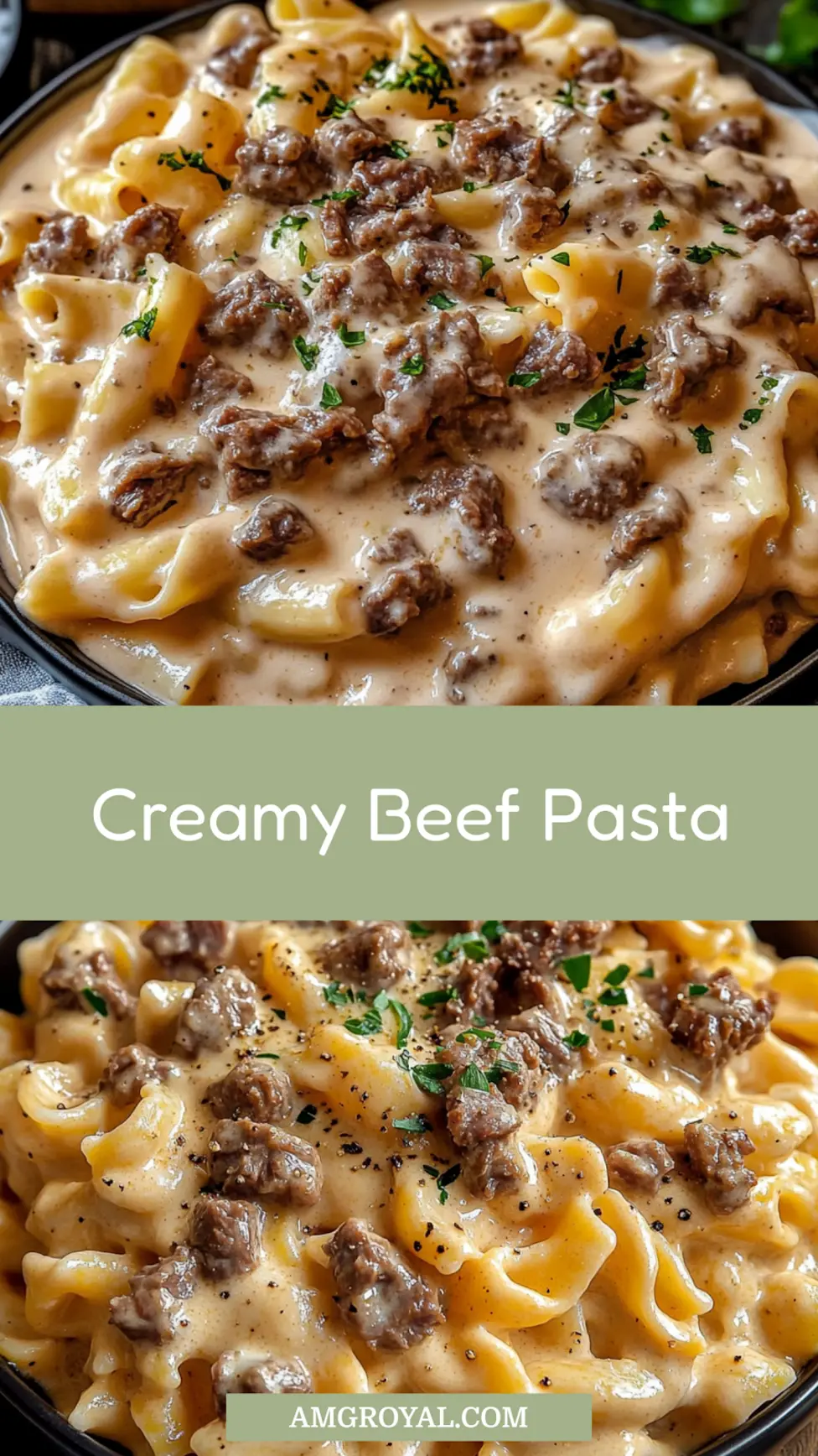 HIGH PROTEIN CREAMY BEEF PASTA centered hero view, clean and uncluttered