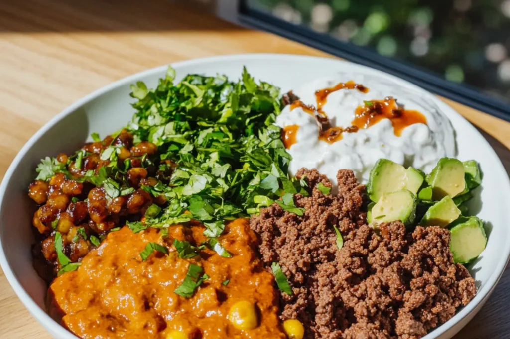 HIGH PROTEIN GROUND BEEF BOWL MEAL PREP centered hero view, clean and uncluttered