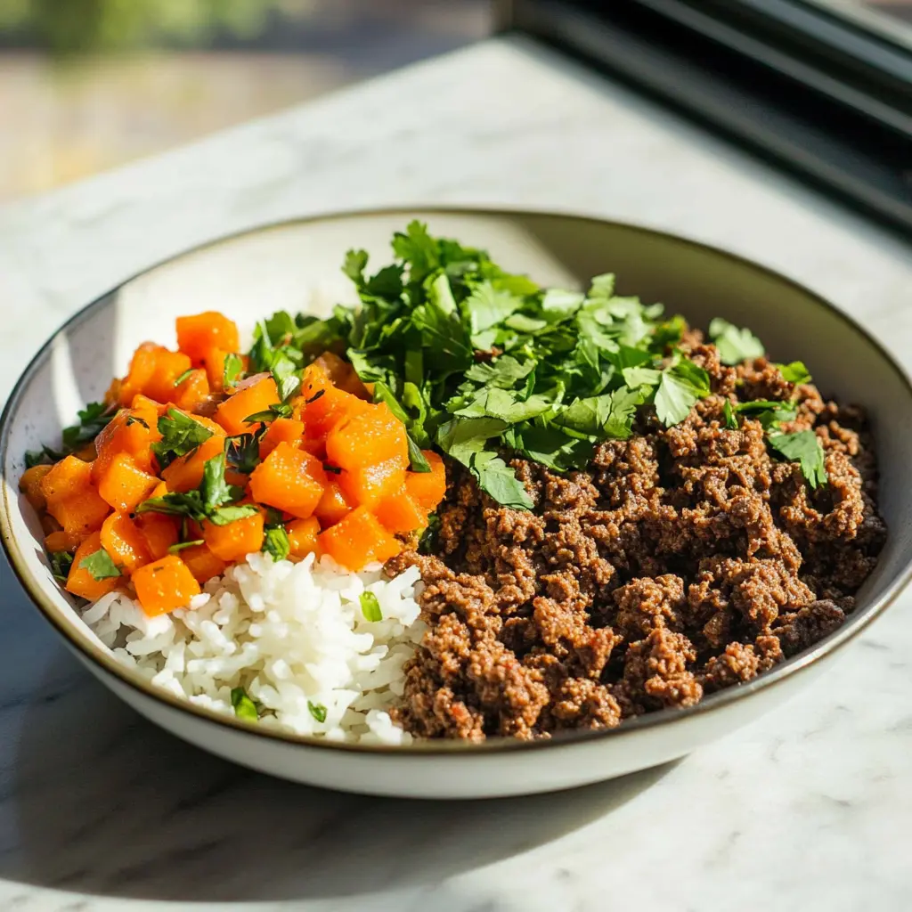 High protein ground beef bowl meal prep centered hero view, clean and uncluttered
