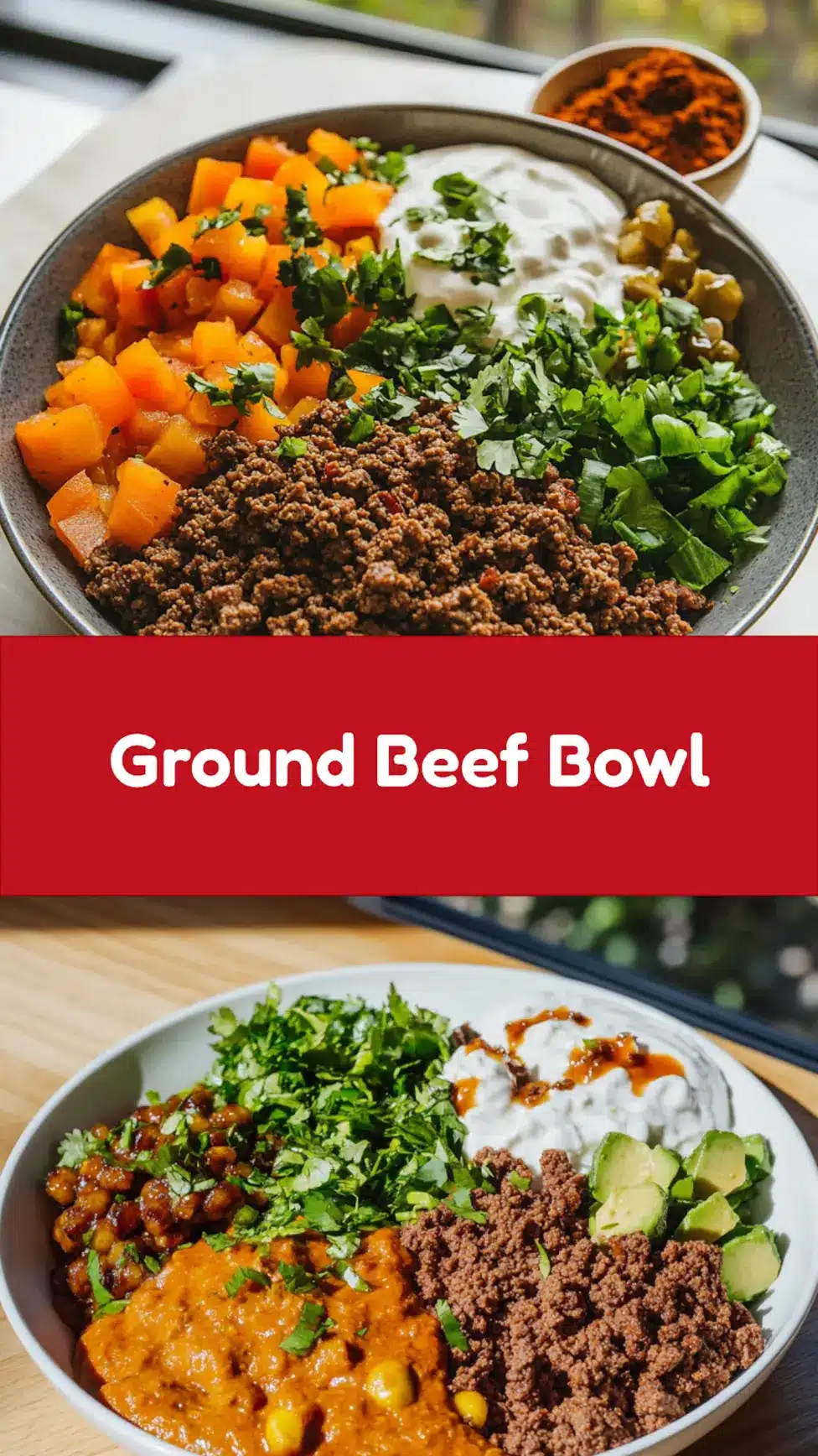 High protein ground beef bowl meal prep centered hero view, clean and uncluttered