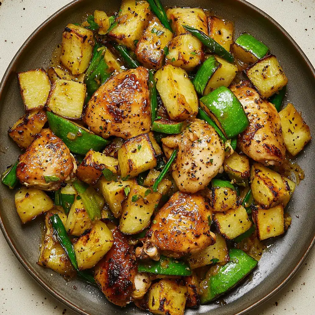 HONEY GARLIC CHICKEN AND ZUCCHINI SKILLET centered hero view, clean and uncluttered