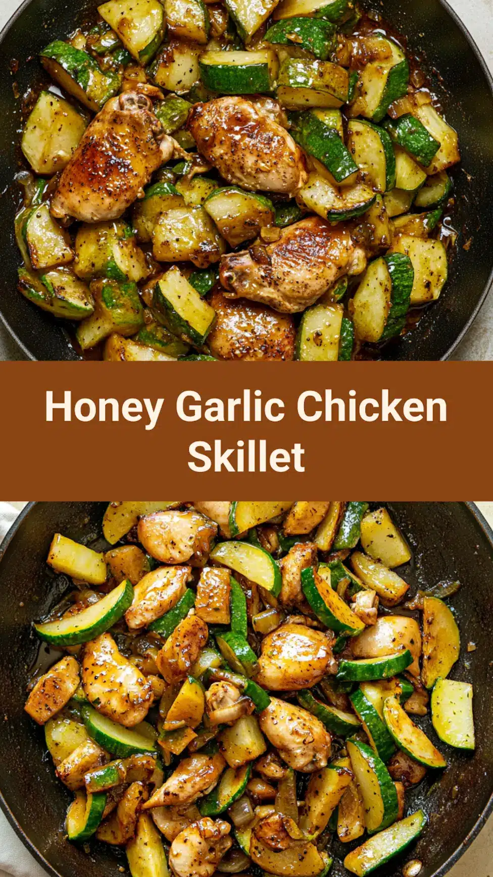 HONEY GARLIC CHICKEN AND ZUCCHINI SKILLET centered hero view, clean and uncluttered_pin