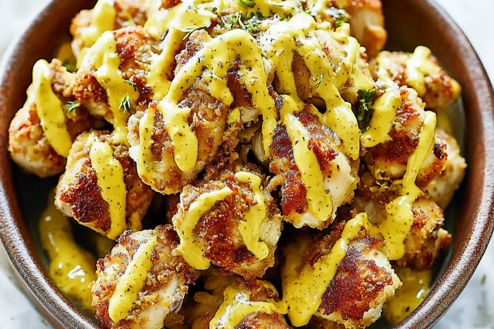 HONEY MUSTARD PRETZEL CHICKEN BOWLS centered hero view, clean and uncluttered