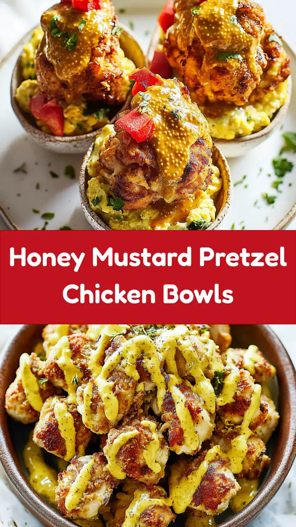 Honey Mustard Pretzel Chicken Bowls Satisfying Easy Dinner 7 Honey Mustard Pretzel Chicken Bowls recipe pin with colorful bowl presentation