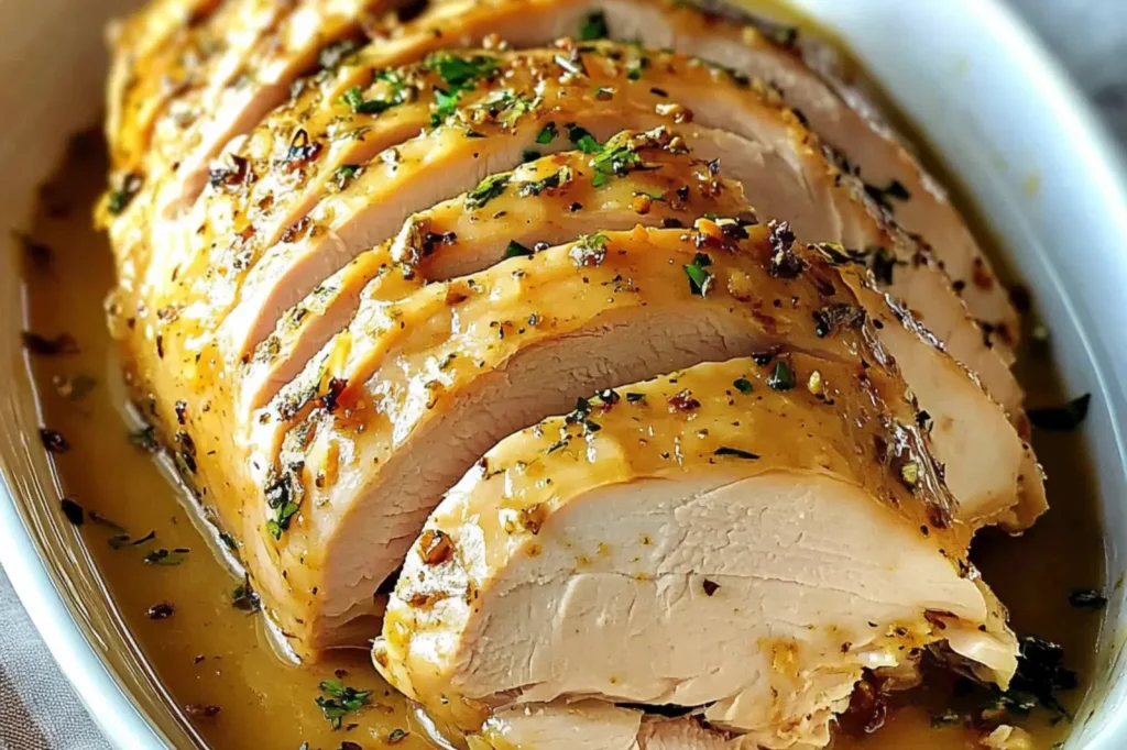 JUICY CROCKPOT TURKEY BREAST centered hero view, clean and uncluttered