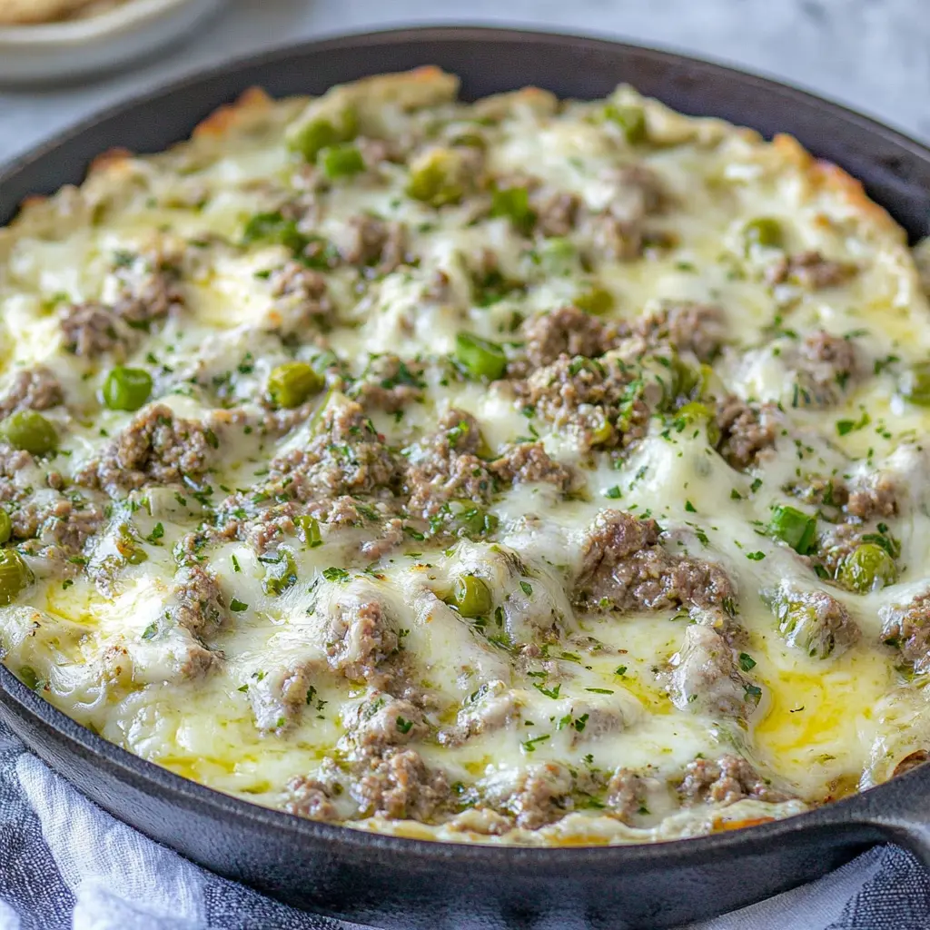 Keto Ground Beef Skillet Easter Dinner Easy Recipe 6 KETO GROUND BEEF SKILLET EASTER DINNER centered hero view, clean and uncluttered